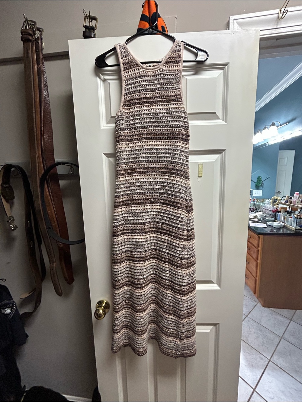 Sleeveless Knit Maxi Dress in Beige and Brown